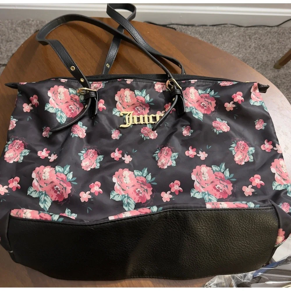 Juicy Couture Y2K  Black Floral Print Tote Bag Gold Logo Quilted Faux Leather